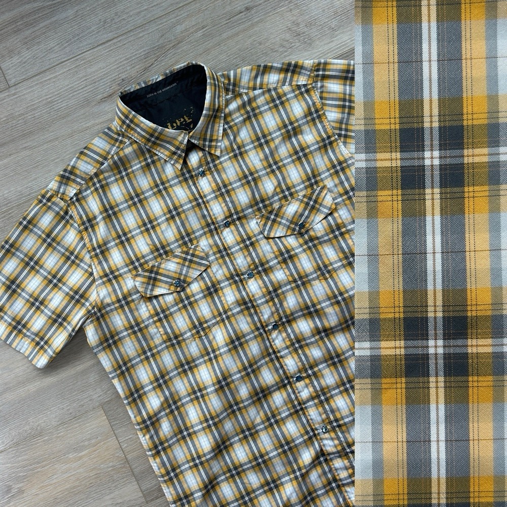 Kuhl Large Yellow Grey Plaid Eluxur Short Sleeve Shirt Hiking Walking Mens